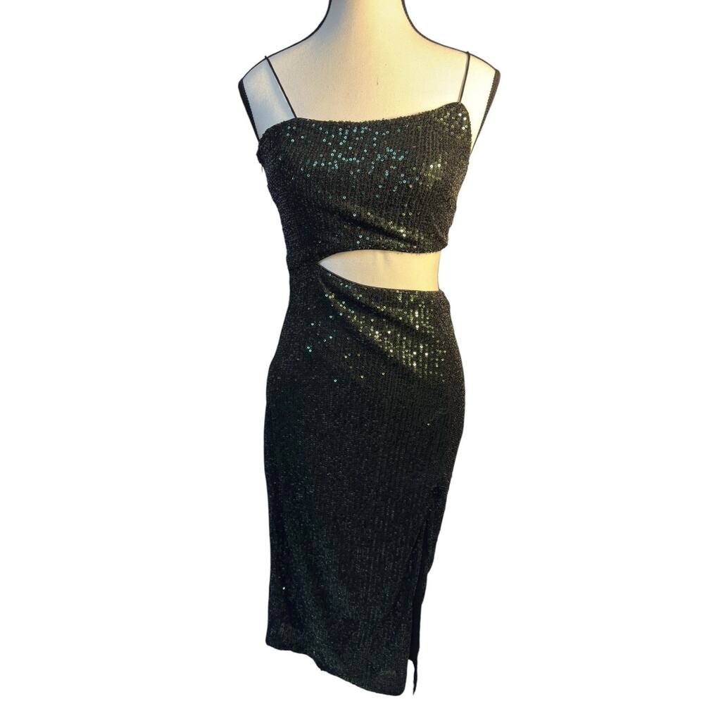 Lulus Black‎ Sequin Cutout Bodycon Midi Knee Length Party Cocktail Slit S